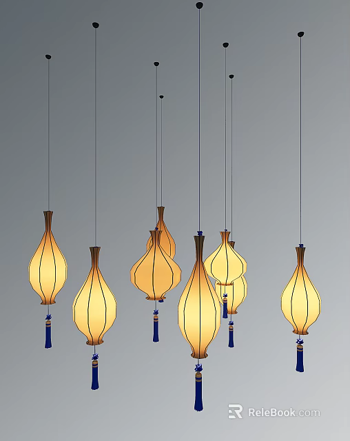 Elegant Teardrop Shaped Pendant Lights With Warm Yellow Glow And Blue Tassels Hanging 3d model 