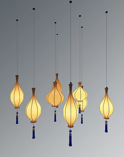 Elegant Teardrop Shaped Pendant Lights With Warm Yellow Glow And Blue Tassels Hanging 3d model