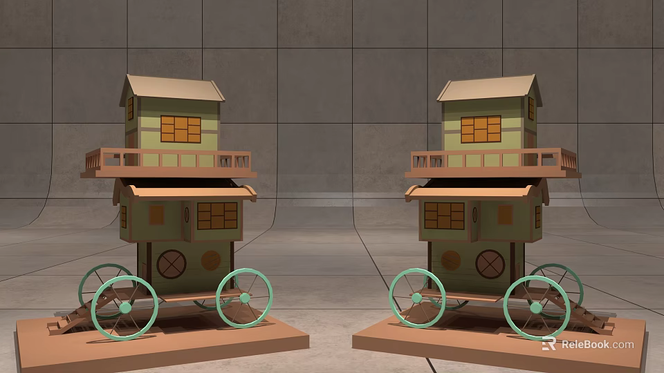 Unique Two Story Small Houses With Green Wheels And Balconies Model 3d model 