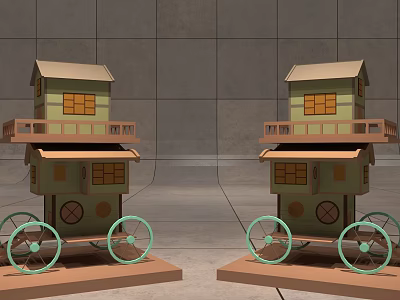 Unique Two Story Small Houses With Green Wheels And Balconies Model 3d model