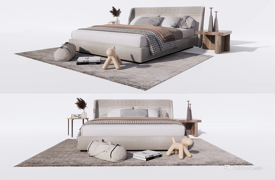 Modern Double Bed Setup With Gray Bedding Nightstand Vase And Decorative Rug 3d model