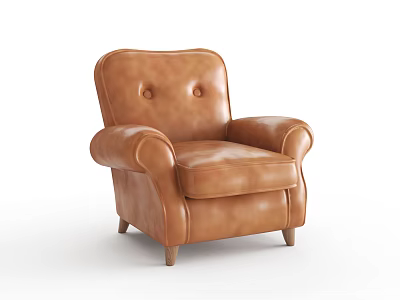 Brown Leather Single Sofa With Button Tufted Backrest Curved Arms And Wooden Legs 3d model
