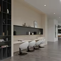 Modern Office Interior Design With Hanging Lights Sofa Black Sculpture Bookshelf Table Chairs