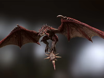 Red Scaled Flying Dragon With Large Wings And Spiked Tail In Flight 3d model