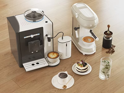 Smart Coffee Machines on Wooden Floor Featuring Coffee Cups Cake Bean Jar and Water Glass 3d model