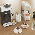 Smart Coffee Machines on Wooden Floor Featuring Coffee Cups Cake Bean Jar and Water Glass