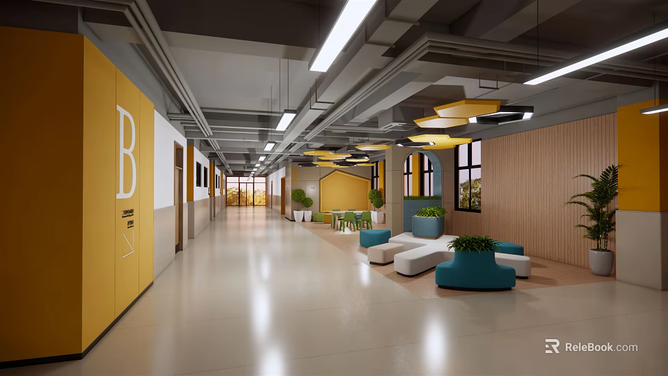 Kindergarten Corridor With Yellow Doors Wooden Walls Green Plants And Sofa Seats Bright Lighting Fixtures 3d model 