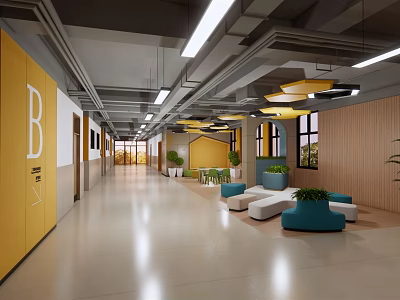 Kindergarten Corridor With Yellow Doors Wooden Walls Green Plants And Sofa Seats Bright Lighting Fixtures 3d model