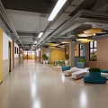 Kindergarten Corridor With Yellow Doors Wooden Walls Green Plants And Sofa Seats Bright Lighting Fixtures