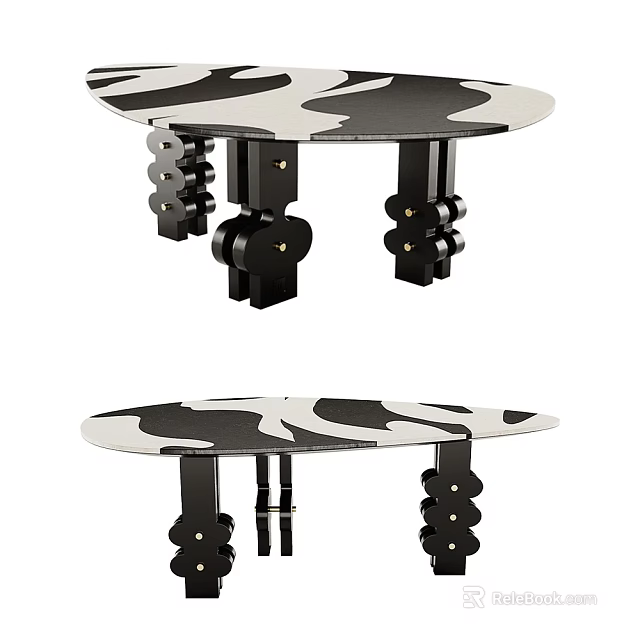 Modern Dining Table Set With Black And White Patterned Tabletop And Artistic Black Legs 3d model