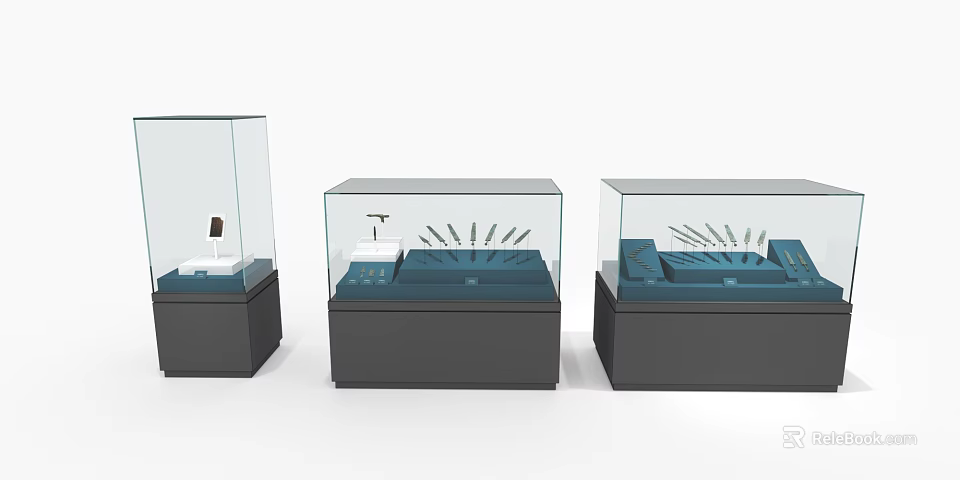 Modern Glass Display Cases With Black Bases Showcasing Exhibition Items 3d model 