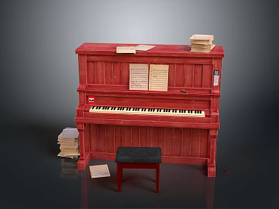 Red Wooden Piano Interior Setup With Black Stool Sheet Music And Book Stacks 3d model