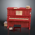 Red Wooden Piano Interior Setup With Black Stool Sheet Music And Book Stacks