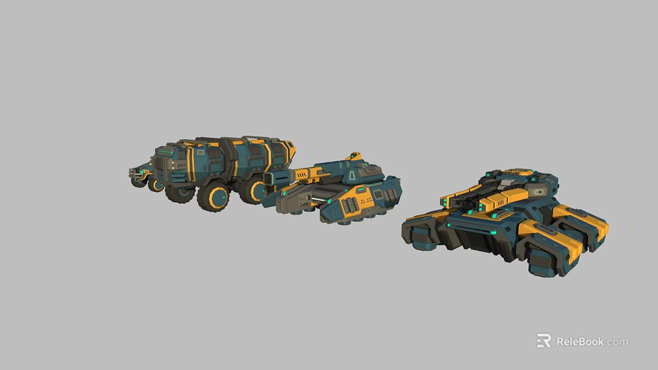 Futuristic Sci Fi Armored Mechanical Vehicles Multiple Units With Blue Yellow Color And Heavy Wheels 3d model 