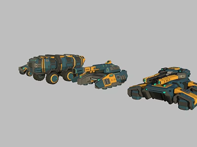 Futuristic Sci Fi Armored Mechanical Vehicles Multiple Units With Blue Yellow Color And Heavy Wheels 3d model