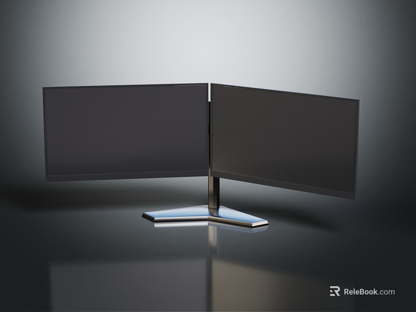 Dual Computer Monitors With Black Screens And Ergonomic Stand Setup 3d model 