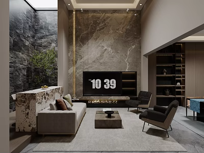 Modern Living Room Interior With Marble Wall TV Sofa And Coffee Table Decor 3d model