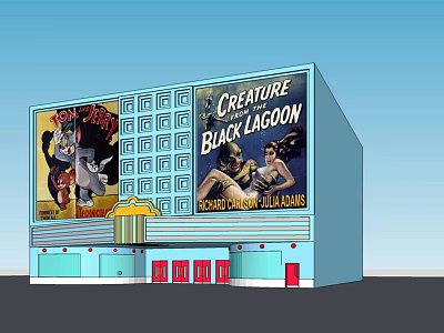 Classic Movie Theater Building with Horror Film Posters Blue Exterior Red Doors and Yellow Entrance 3d model