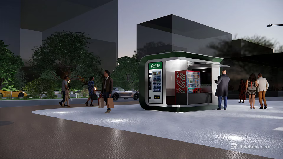 Azure Outdoor Vending Kiosk With Vending Machines And Pedestrians In Urban Area 3d model 
