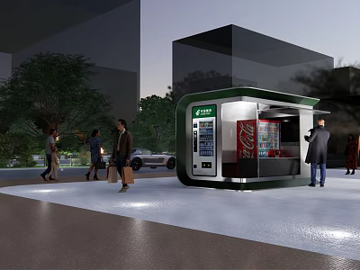 Azure Outdoor Vending Kiosk With Vending Machines And Pedestrians In Urban Area 3d model