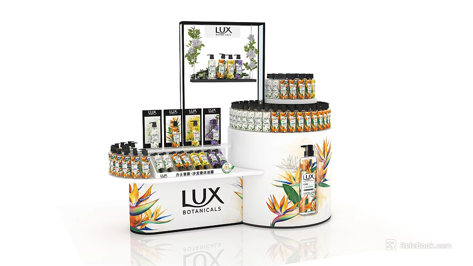 LUX BOTANICALS Product Display Shelf With Decorative Flower Patterns And Bottles Jars Arrangement 3d model 