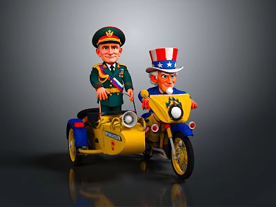 Cartoon Characters On Yellow Tricycle Motorcycle With Military Uniform And American Flag Hat 3d model