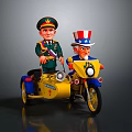 Cartoon Characters On Yellow Tricycle Motorcycle With Military Uniform And American Flag Hat