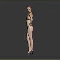 Woman In Brown Bikini With Updo Hairstyle Posing In Grey Background Wearing High Heels