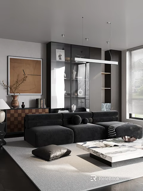 Modern Living Room Interior With Black Sofa Bookshelf Wall Art And Window 3d model 