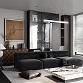 Modern Living Room Interior With Black Sofa Bookshelf Wall Art And Window