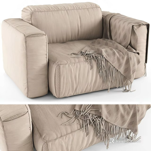 Soft Beige Fabric Single Sofa With Fringed Blanket And Cozy Seating 3d model