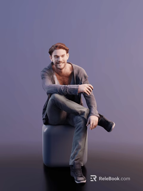 A Man Sitting On Gray Cube Wearing Gray Cardigan And Dark Pants With Beard 3d model 