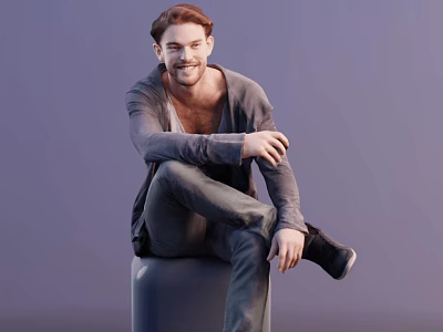 A Man Sitting On Gray Cube Wearing Gray Cardigan And Dark Pants With Beard 3d model