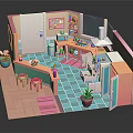 Vibrant Small Kitchen Interior With Blue Tiled Floor Pink Stools Green Cabinets And Wall Decorations