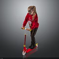 Child Riding Red Scooter In Red Sweater And Brown Pants On Gray Background