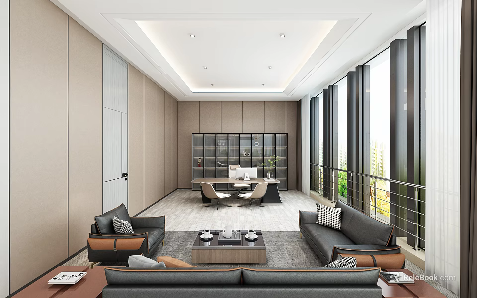 Spacious Modern Office Interior With Sofas Coffee Tables Work Desk Large Windows And Built-in Bookcases 3d model