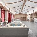 Modern Service Hall Interior With Curved Roof Red Doors And Windows And Sofa Seating Area