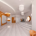 Modern School Hall Interior With Circular Lights Stairs And Orange Door Design