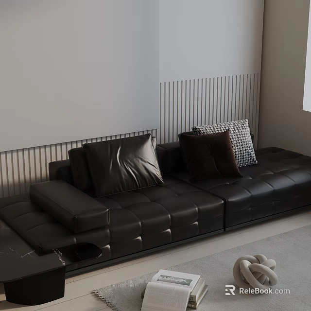 Modern Black Leather Three Seater Sofa Interior With Accent Pillows And Striped Wall Panel 3d model