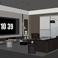 Modern Living Room Interior With Large TV Fireplace Sofa Armchair Floor Lamp Rug And Window