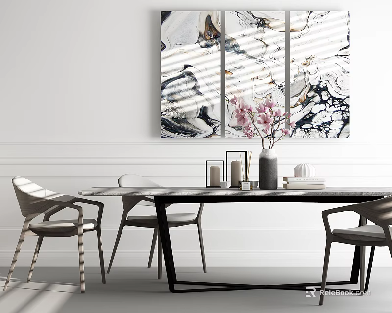 Modern Dining Table Set With Chairs Marble Triptych Painting And Pink Flowers 3d model 