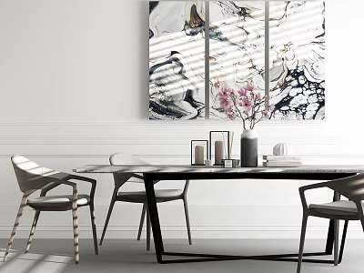 Modern Dining Table Set With Chairs Marble Triptych Painting And Pink Flowers 3d model
