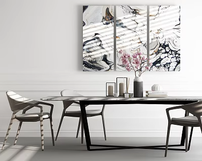 Modern Dining Table Set With Chairs Marble Triptych Painting And Pink Flowers 3d model