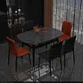 Modern Dining Set White Oval Table Six Gray Orange Chairs Black Legs Vase Flowers Fruits
