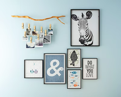 Photo Wall with Hanging Branch Clips Photos Frames Zebra Fish Text on Light Blue Wall 3d model