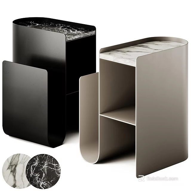 Modern Bedside Tables With Black And Light Gray Finish And Marble Top Open Shelf 3d model 
