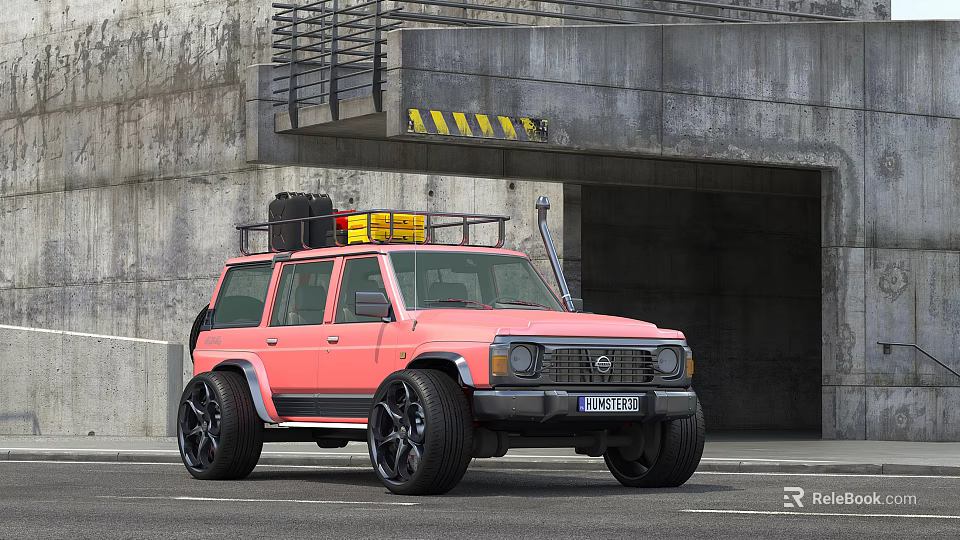 Pink SUV Car With Roof Rack Luggage And Yellow Items At Tunnel Entrance 3d model 