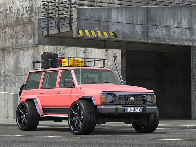 Pink SUV Car With Roof Rack Luggage And Yellow Items At Tunnel Entrance 3d model