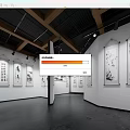 Modern Exhibition Hall Showcasing Calligraphy And Painting Works With Spotlights And Wooden Ceiling