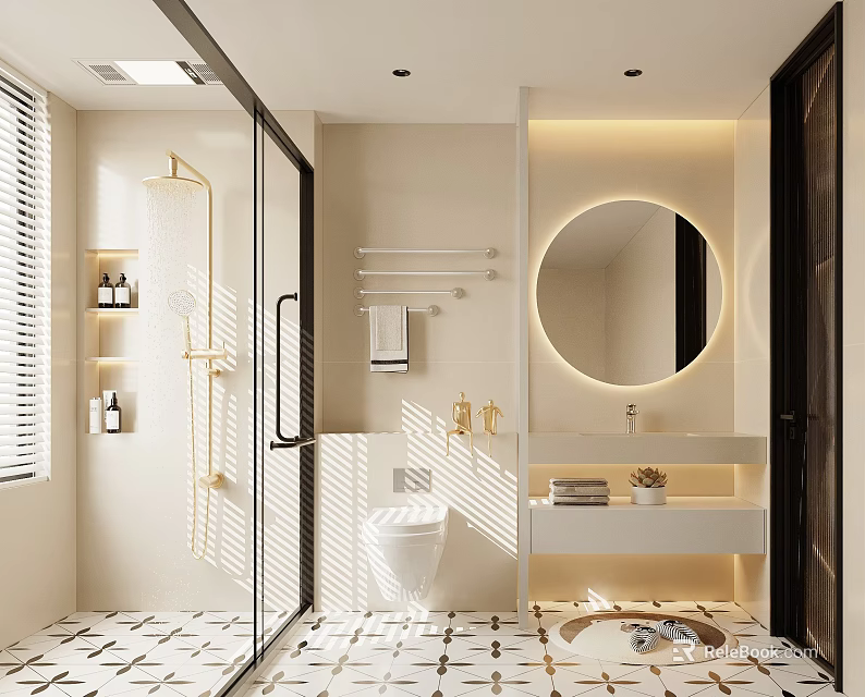 Modern Bathroom With Glass Shower Toilet Round Mirror And Shelves 3d model 